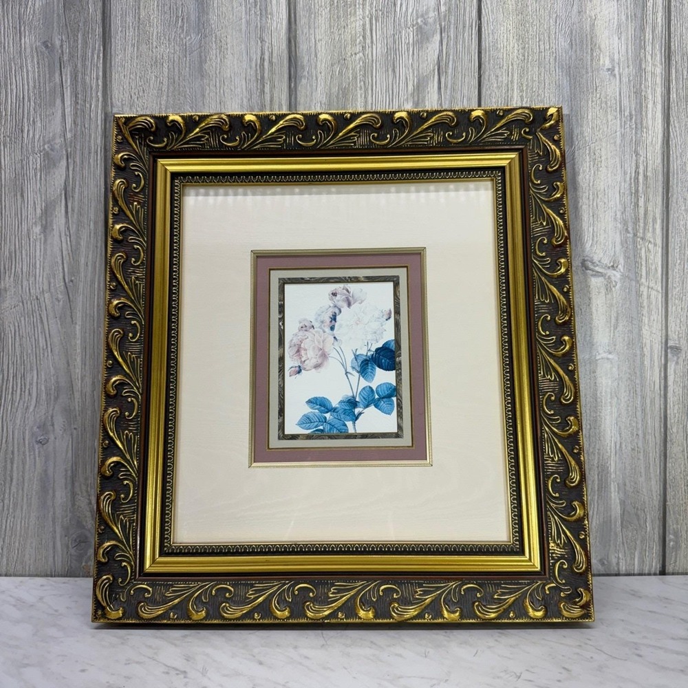 Vintage Ornate Gold Gilt Framed Floral Rose  Blue Leaves Botanical Art‎ 18x16